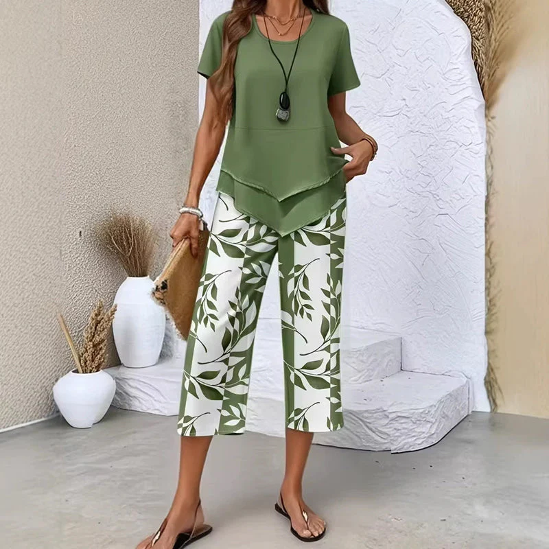 💥Last Day Special Price:£ 17.99👗Women's 2-Piece Set – Layered Asymmetrical Tunic Top & Printed Wide Leg Pants, Breathable Polyester✨ - Image 13