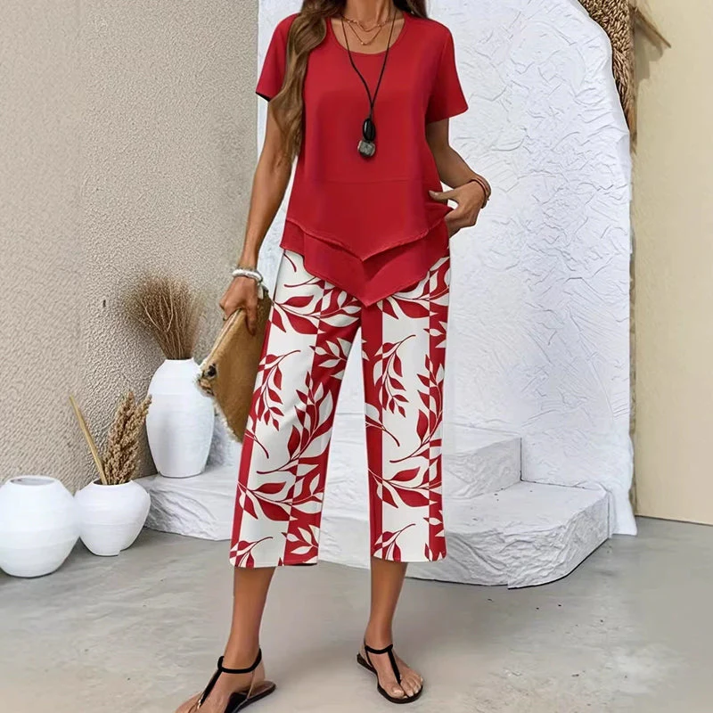 💥Last Day Special Price:£ 17.99👗Women's 2-Piece Set – Layered Asymmetrical Tunic Top & Printed Wide Leg Pants, Breathable Polyester✨ - Image 15