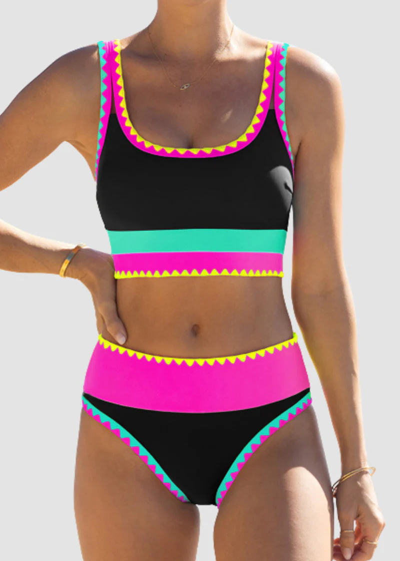 🏖️Vacation Sale 49% OFF💃Color Contrast Patchwork Nylon Sporty 3 Piece Bikini Sets - Image 12