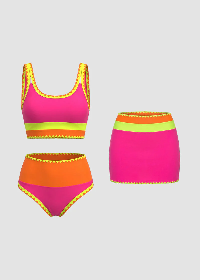 🏖️Vacation Sale 49% OFF💃Color Contrast Patchwork Nylon Sporty 3 Piece Bikini Sets - Image 31
