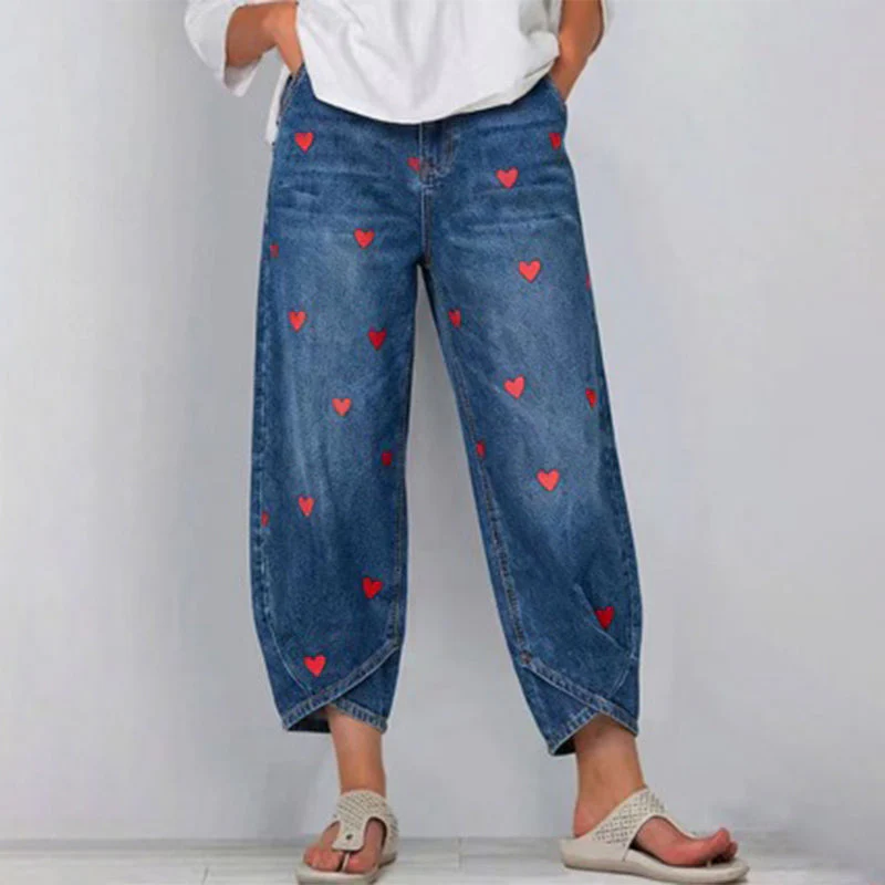 Women's Heart Print Baggy Denim Pants - Image 10