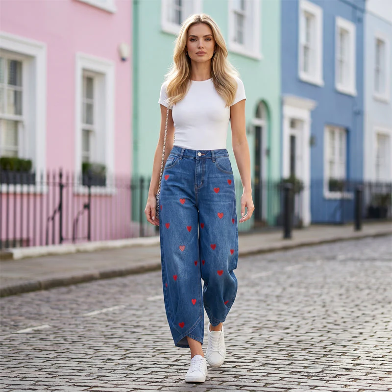 Women's Heart Print Baggy Denim Pants - Image 3