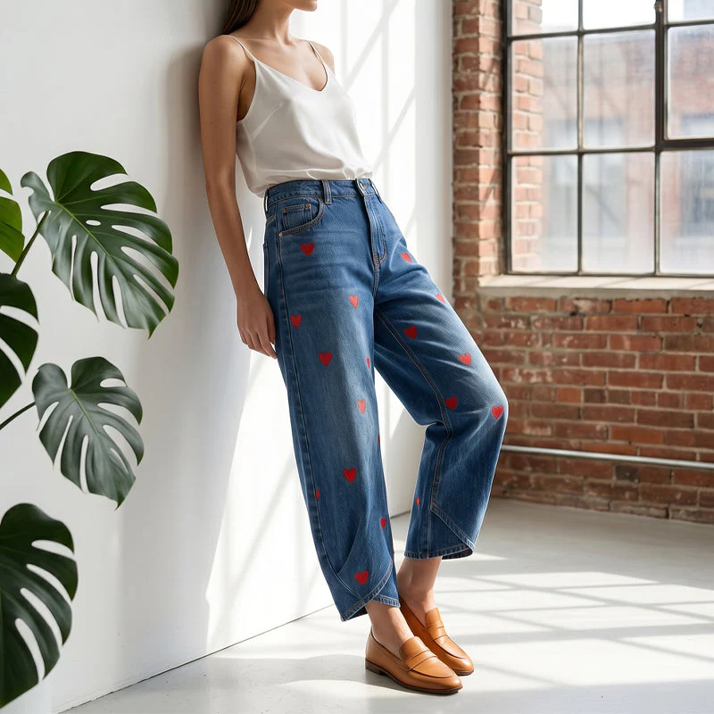Women's Heart Print Baggy Denim Pants - Image 5