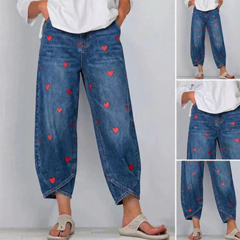 Women's Heart Print Baggy Denim Pants - Image 6