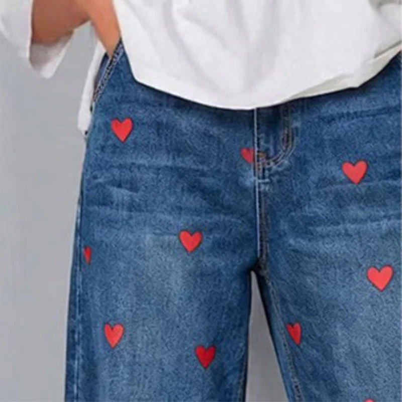 Women's Heart Print Baggy Denim Pants - Image 8