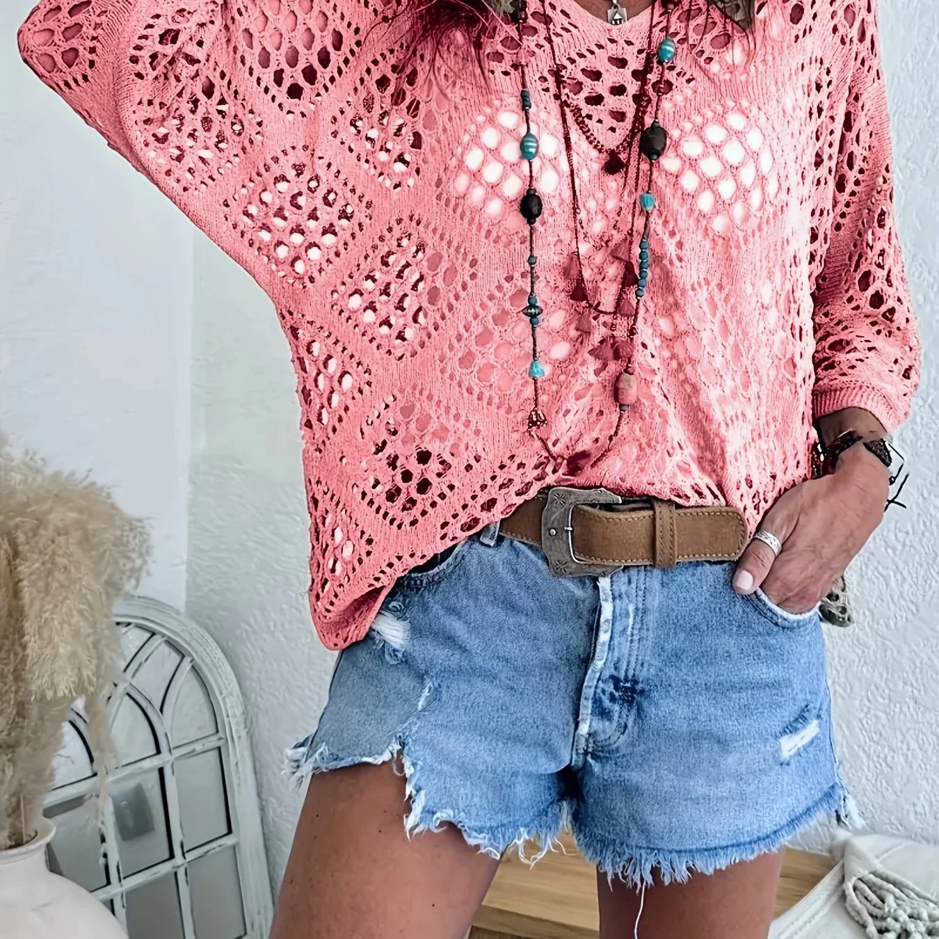 🔥💐SUMMER DAY SALE - ONLY £13.99!!⚡50K+ SOLD✨Womens Bohemian-Inspired Beige Crochet Top With V-Neck - Image 10