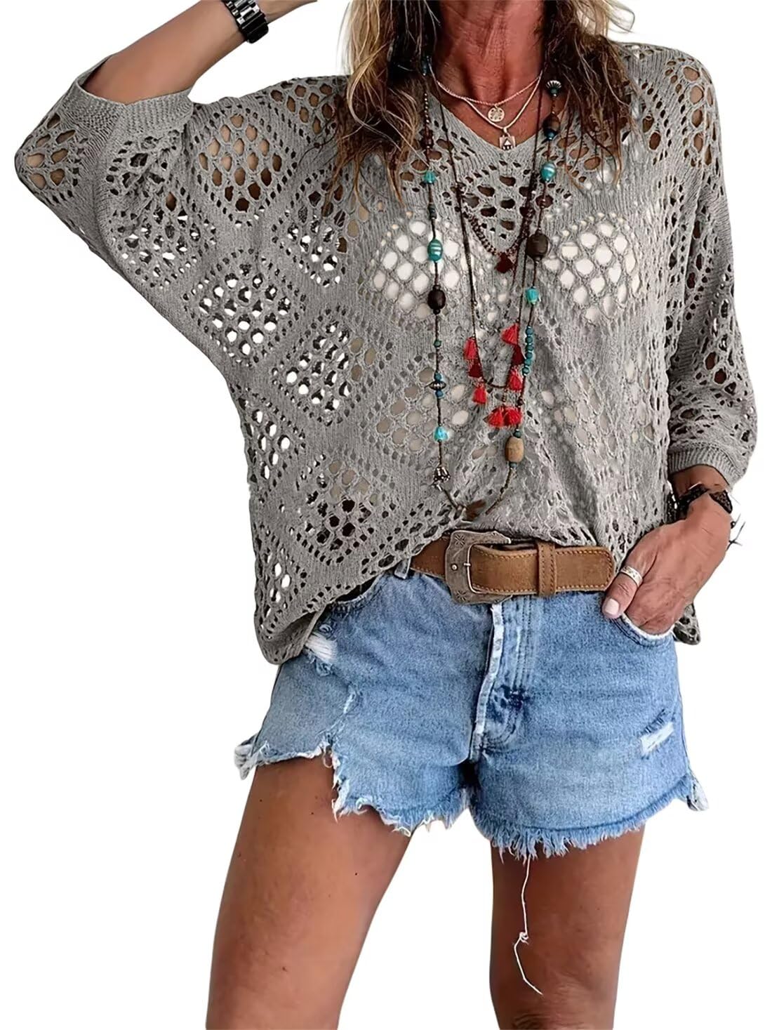 🔥💐SUMMER DAY SALE - ONLY £13.99!!⚡50K+ SOLD✨Womens Bohemian-Inspired Beige Crochet Top With V-Neck - Image 4