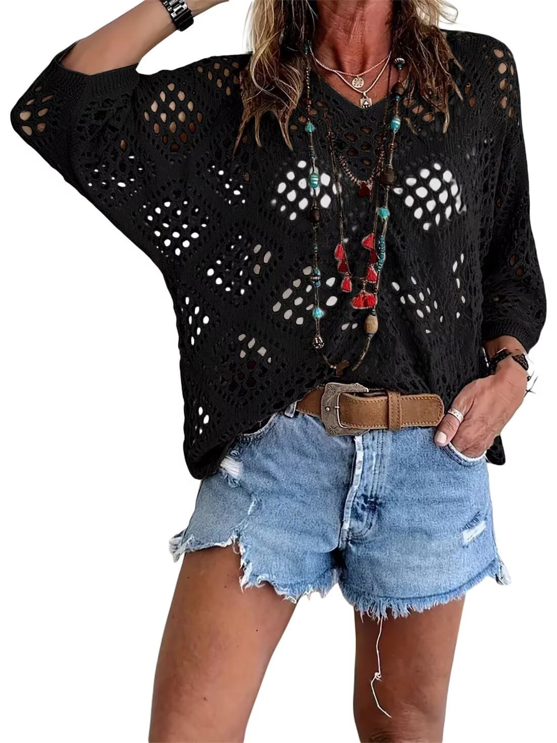 🔥💐SUMMER DAY SALE - ONLY £13.99!!⚡50K+ SOLD✨Womens Bohemian-Inspired Beige Crochet Top With V-Neck - Image 8