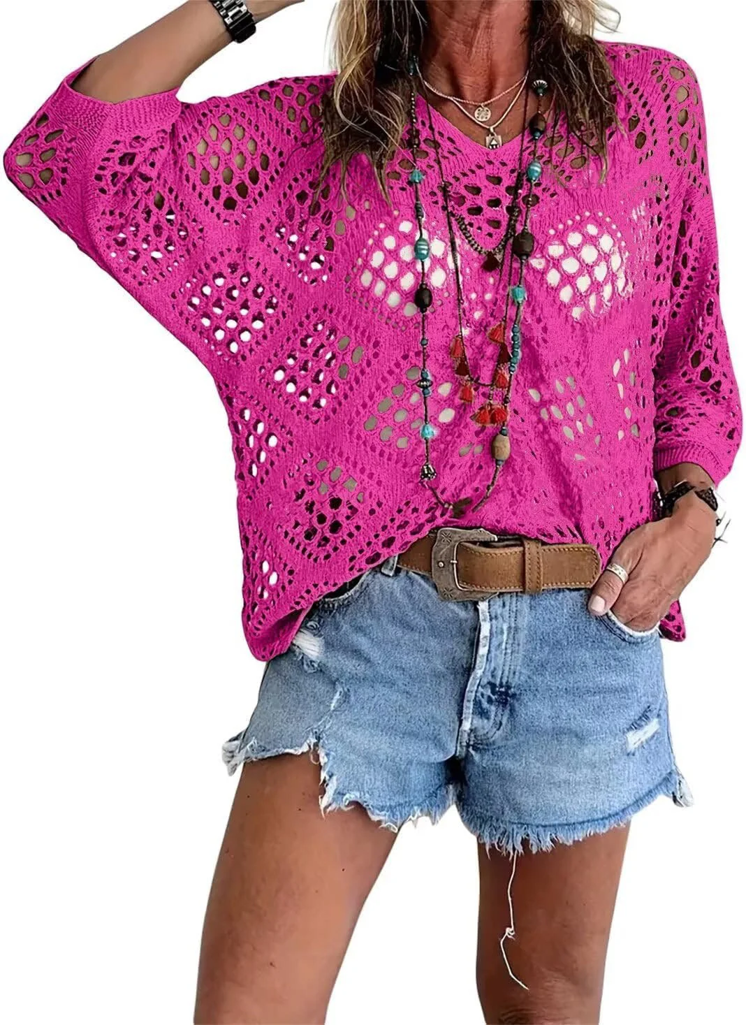 🔥💐SUMMER DAY SALE - ONLY £13.99!!⚡50K+ SOLD✨Womens Bohemian-Inspired Beige Crochet Top With V-Neck - Image 9