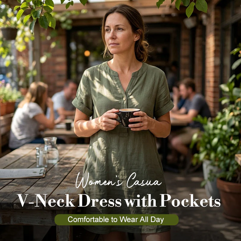 👗Last Day Special Price £14.99!!✨👗Women's V-Neck Tunic Dress – Relaxed Fit, Pockets & Breathable