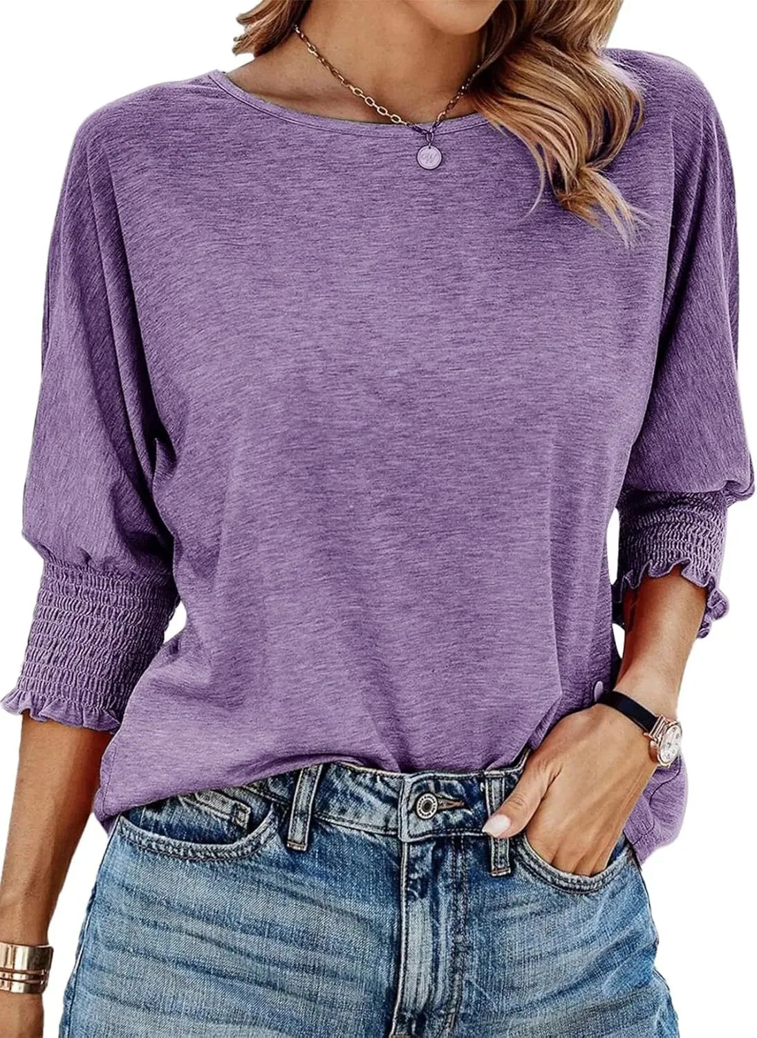 ☀️Summer Hot Sale 50% OFF🌼Blouses for Women Dressy Casual 3/4 Length Sleeve Tops with Smocked Cuffs - Image 10