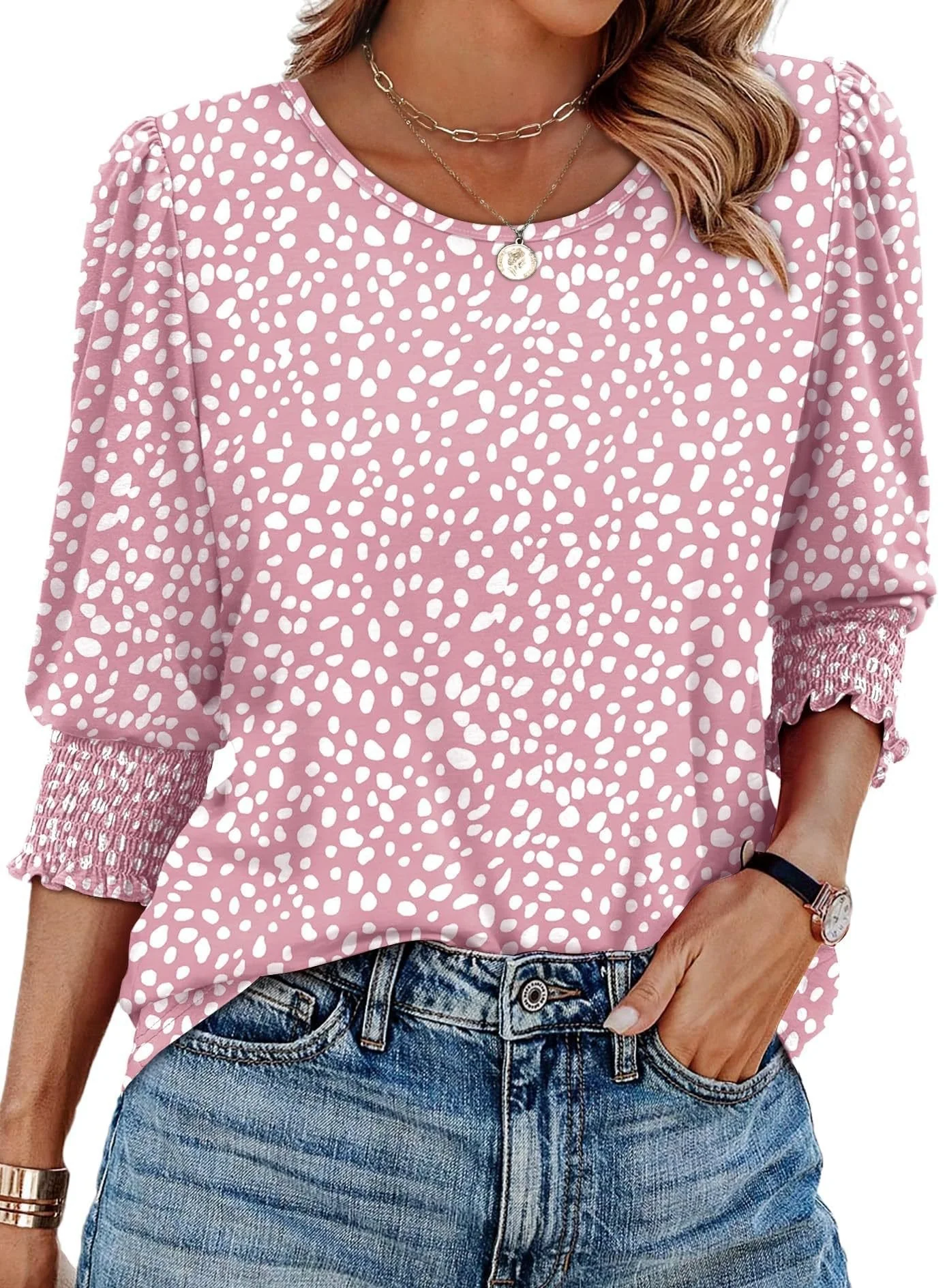 ☀️Summer Hot Sale 50% OFF🌼Blouses for Women Dressy Casual 3/4 Length Sleeve Tops with Smocked Cuffs - Image 12