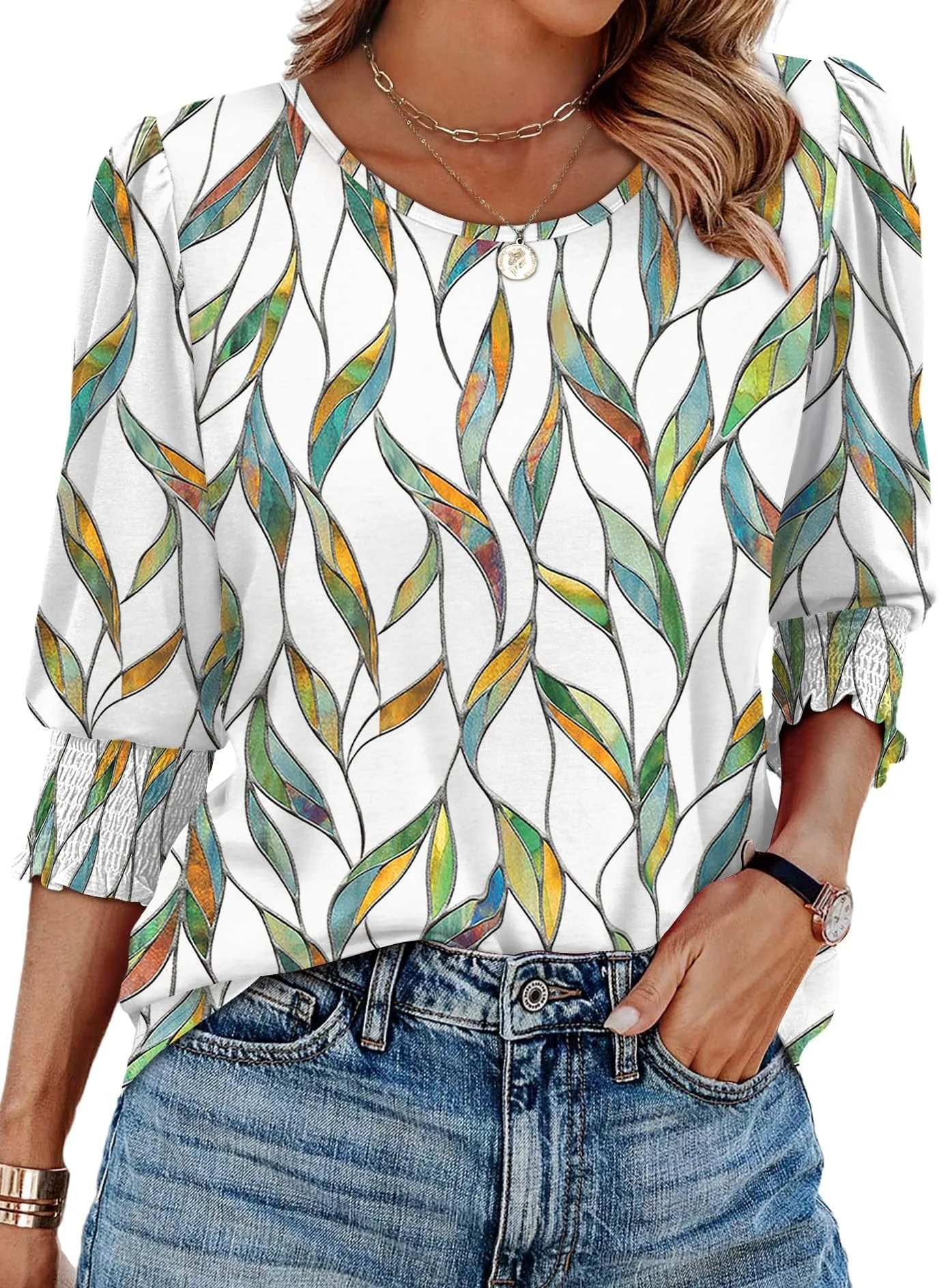 ☀️Summer Hot Sale 50% OFF🌼Blouses for Women Dressy Casual 3/4 Length Sleeve Tops with Smocked Cuffs - Image 14