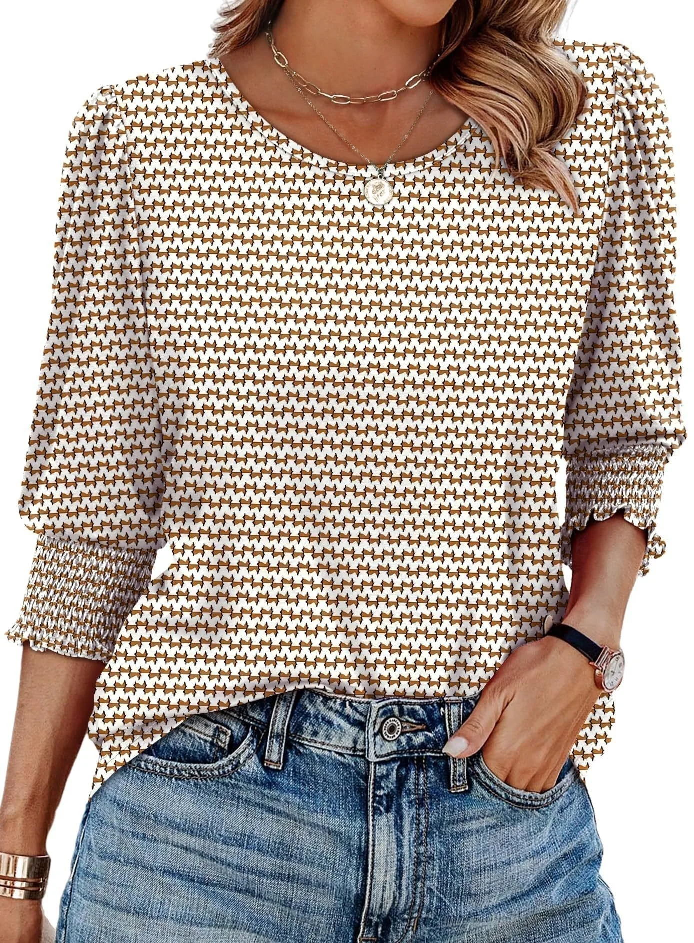 ☀️Summer Hot Sale 50% OFF🌼Blouses for Women Dressy Casual 3/4 Length Sleeve Tops with Smocked Cuffs - Image 16