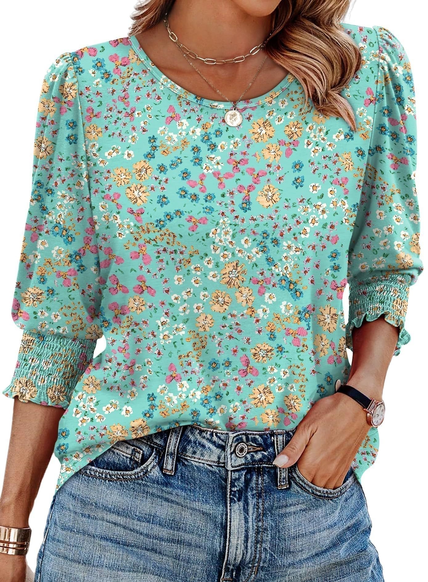 ☀️Summer Hot Sale 50% OFF🌼Blouses for Women Dressy Casual 3/4 Length Sleeve Tops with Smocked Cuffs - Image 18