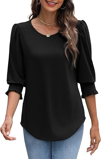 ☀️Summer Hot Sale 50% OFF🌼Blouses for Women Dressy Casual 3/4 Length Sleeve Tops with Smocked Cuffs - Image 9