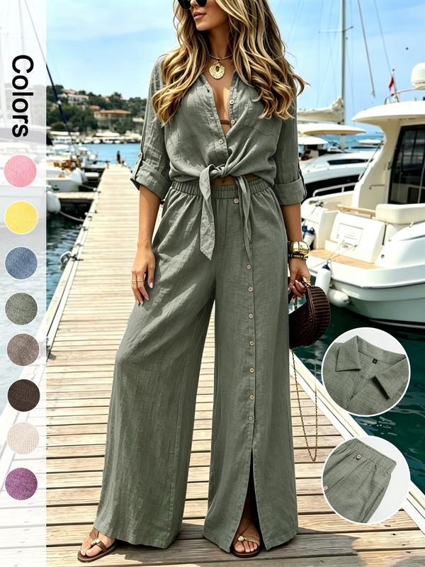 🏆SUMMER HOT SALE 60% OFF🔥Women's Two-Piece Vacation Style Fit Shirt and Pants Set, Knot Top with Button Decoration, Wide Leg Pants, Casual for Women, Womenswear - Image 2