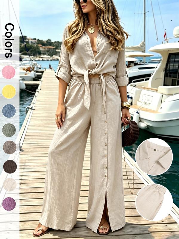 🏆SUMMER HOT SALE 60% OFF🔥Women's Two-Piece Vacation Style Fit Shirt and Pants Set, Knot Top with Button Decoration, Wide Leg Pants, Casual for Women, Womenswear - Image 4