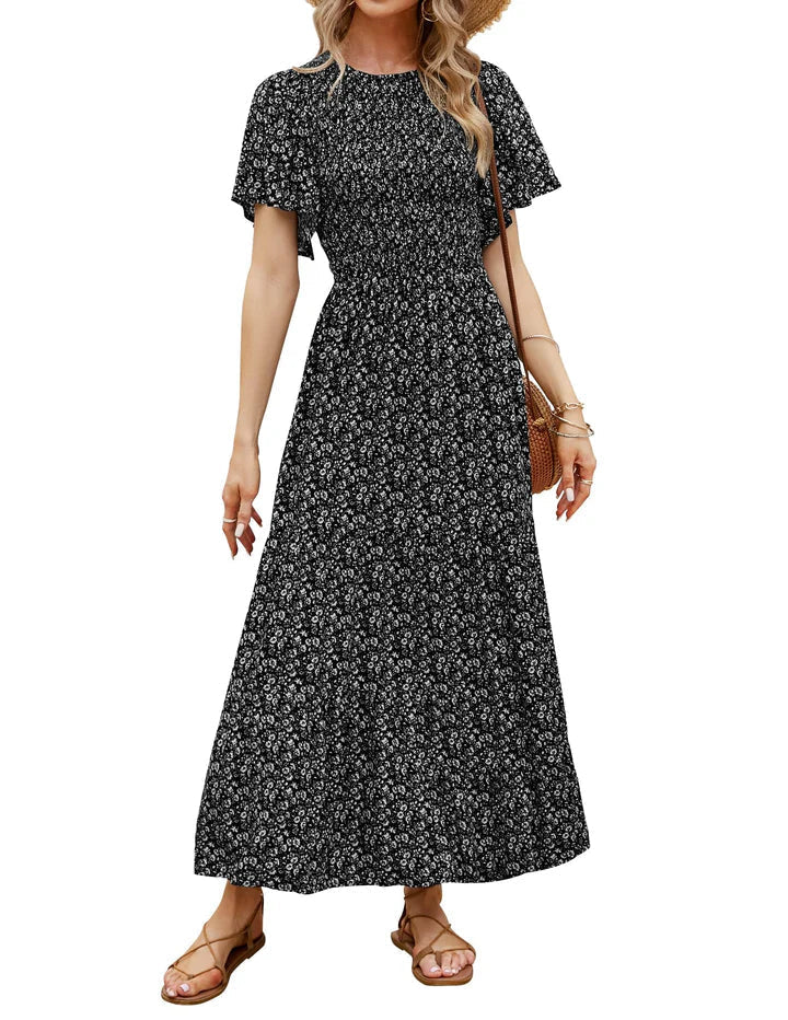 ⏳Limited-time 50% discount!!💞2026 Women's Casual Floral Print Short Flutter Sleeve Smocked High Waist Flowy Maxi Dress - Image 9