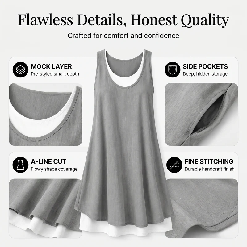 ⏰Last Day Sale 50% Off💃Women's Casual Loose Sleeveless Fake Two Piece Tank Dress - Image 3