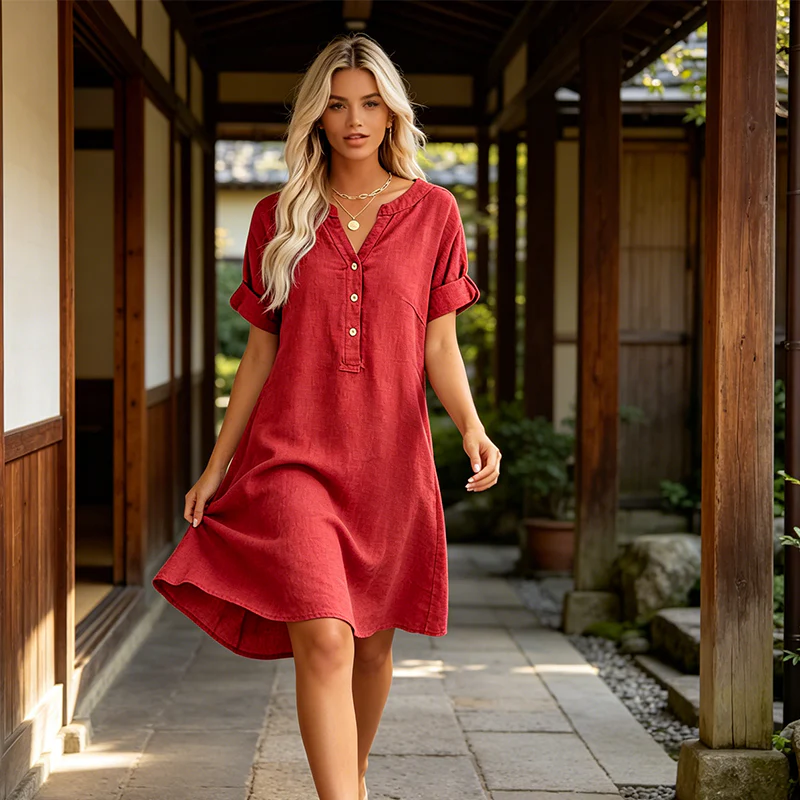 👗Last Day Special Price £14.99!!✨Women's Casual V-Neck Cotton Linen Dress with Pockets - Image 11