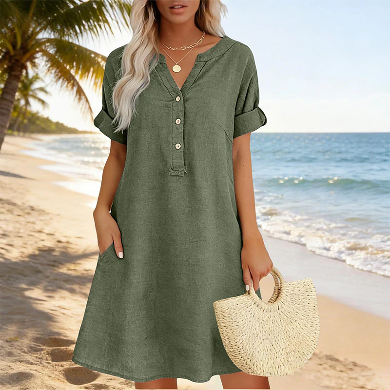 👗Last Day Special Price £14.99!!✨Women's Casual V-Neck Cotton Linen Dress with Pockets - Image 3