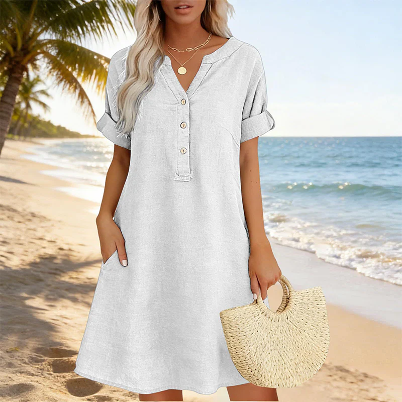 👗Last Day Special Price £14.99!!✨Women's Casual V-Neck Cotton Linen Dress with Pockets - Image 5