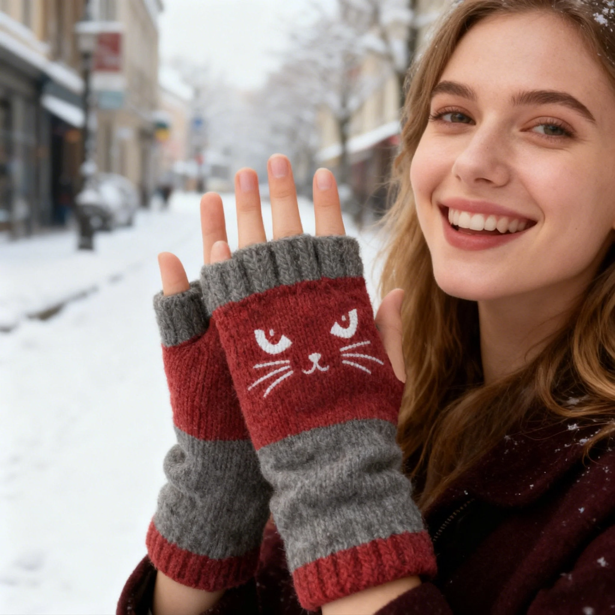⚡Christmas Gift idea £8.99!! 🔥Warm and Cuddly🧤Women's Knitted Fingerless Gloves with Cute Cat Pattern🐱