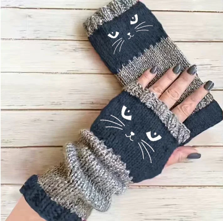 ⚡Christmas Gift idea £8.99!! 🔥Warm and Cuddly🧤Women's Knitted Fingerless Gloves with Cute Cat Pattern🐱 - Image 6