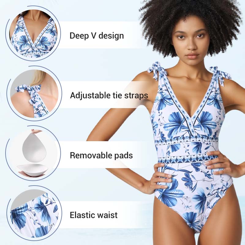 💥 Special Sale 50% OFF💥 V Neck Lace Up Printed One Piece Swimsuit and Skirt - Image 5