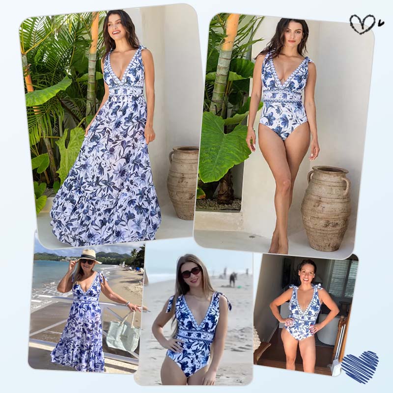 💥 Special Sale 50% OFF💥 V Neck Lace Up Printed One Piece Swimsuit and Skirt - Image 7