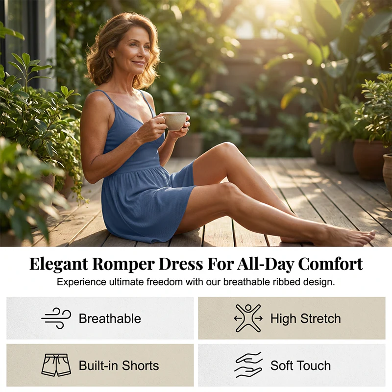 🥳Last Day Special Price £13.99!!🌿 50% OFF! Women‘s Ribbed Knit Romper – Breathable & skin-friendly, keeps shape. Flared skirt with hidden shorts, no riding up. 6 colors. Effortless everyday elegance. 👙✅
