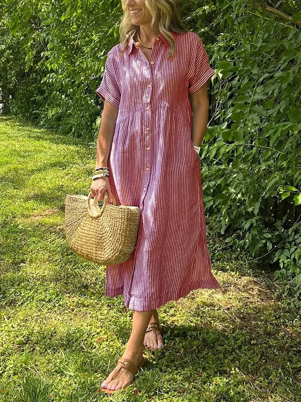 🔥LAST DAY SALE 49% OFF🔥 Striped Lapel Functional Pockets Button Down Shirt Dress - Image 15