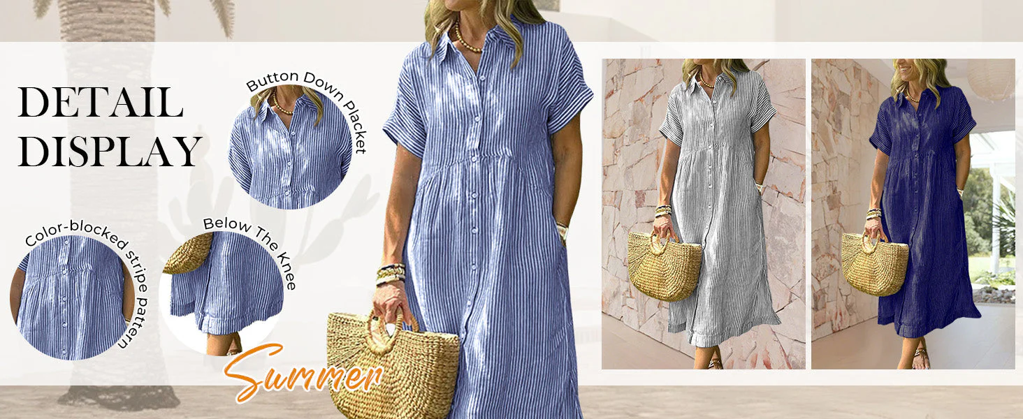 🔥LAST DAY SALE 49% OFF🔥 Striped Lapel Functional Pockets Button Down Shirt Dress - Image 19