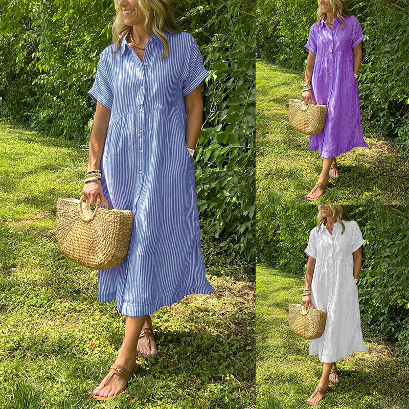 🔥LAST DAY SALE 49% OFF🔥 Striped Lapel Functional Pockets Button Down Shirt Dress - Image 9