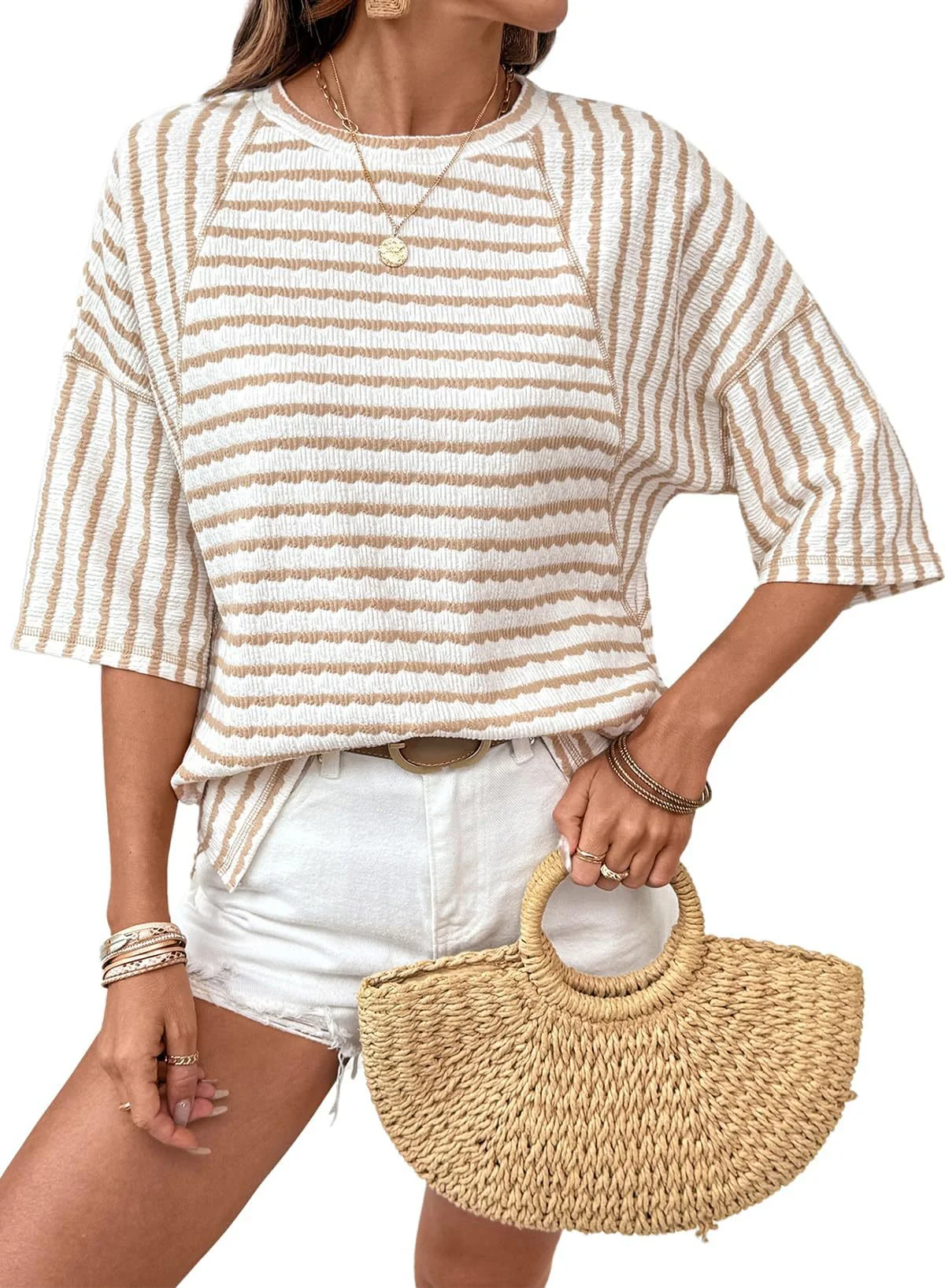 🔥LIMITED TIME SALE 50% OFF⚡50K+ SOLD💕🔥Women's Oversized Striped Color Block Summer T-Shirt - Image 3