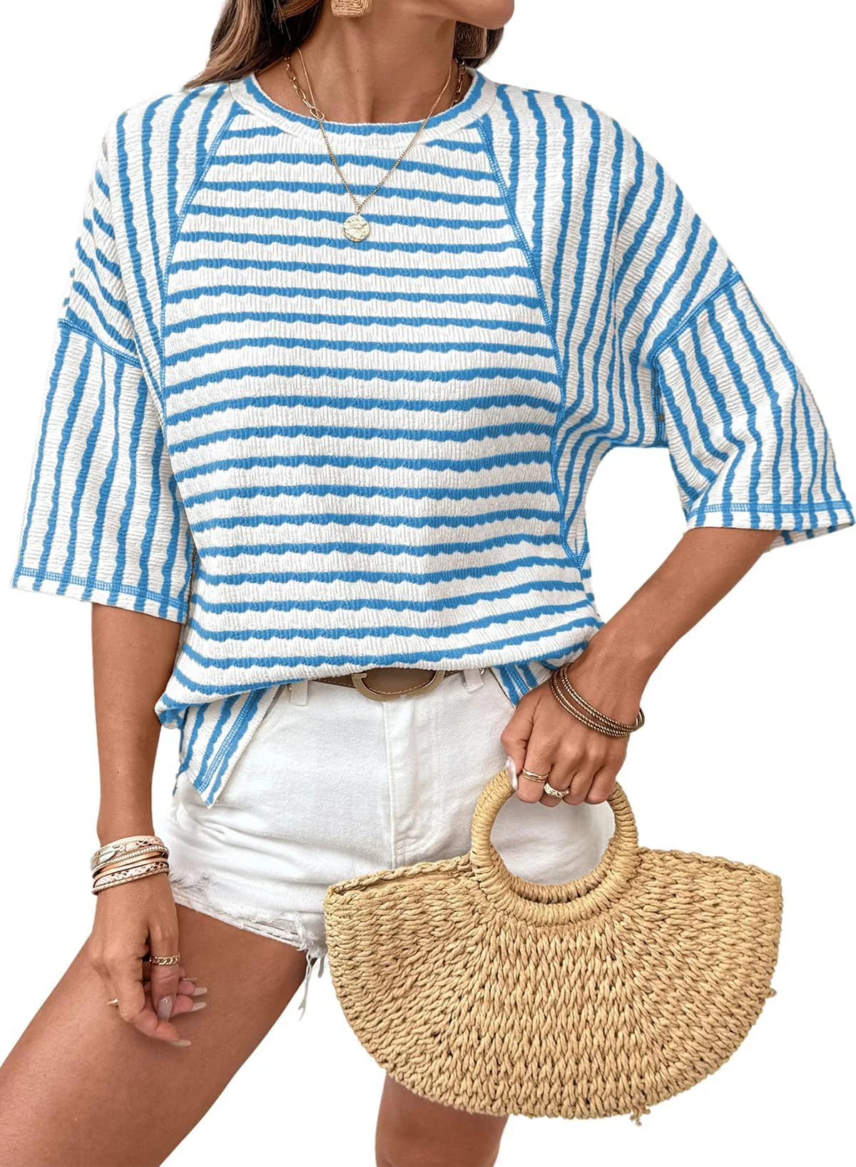 🔥LIMITED TIME SALE 50% OFF⚡50K+ SOLD💕🔥Women's Oversized Striped Color Block Summer T-Shirt - Image 4