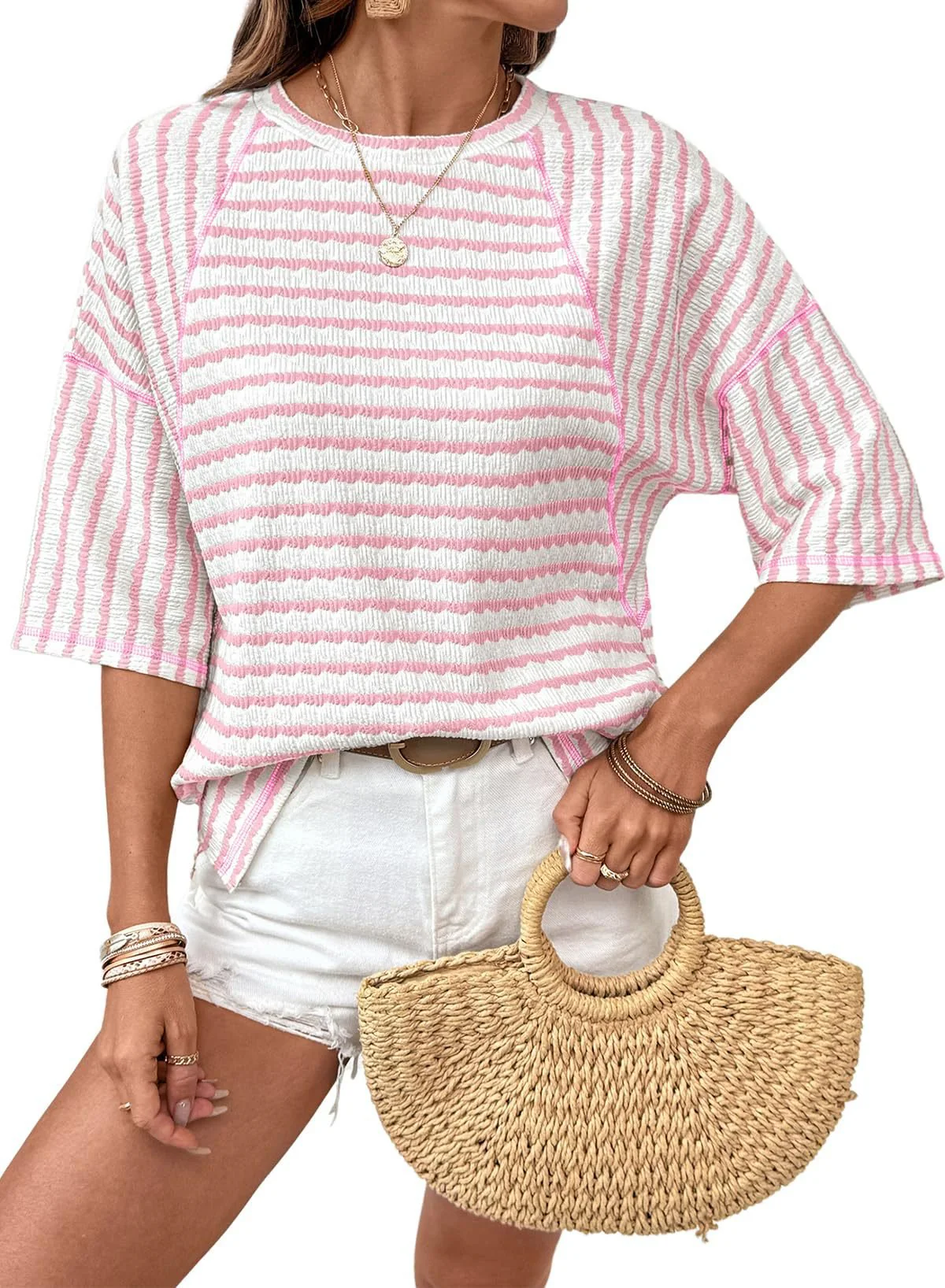 🔥LIMITED TIME SALE 50% OFF⚡50K+ SOLD💕🔥Women's Oversized Striped Color Block Summer T-Shirt - Image 5