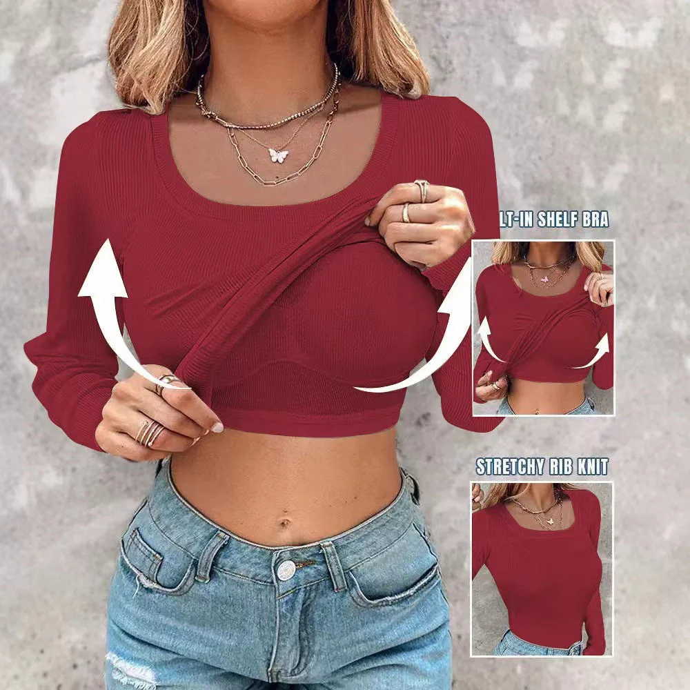 ⏰Last Call 49% OFF⚡70K+ SOLDWomens U-Neck Built-in Bra Long Sleeve Ribbed Top Shirts Elegant Skinny Fit Fabric - Image 21