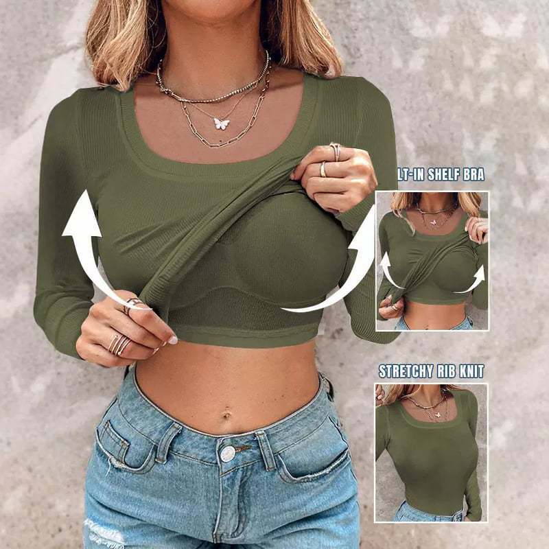 ⏰Last Call 49% OFF⚡70K+ SOLDWomens U-Neck Built-in Bra Long Sleeve Ribbed Top Shirts Elegant Skinny Fit Fabric - Image 7