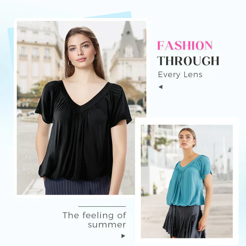 🎁LAST DAY SALE £10.99🔥Summer Hot Sale 50% OFF⏳Women's Casual Pleated V-Neck Short-Sleeve Top - Image 5