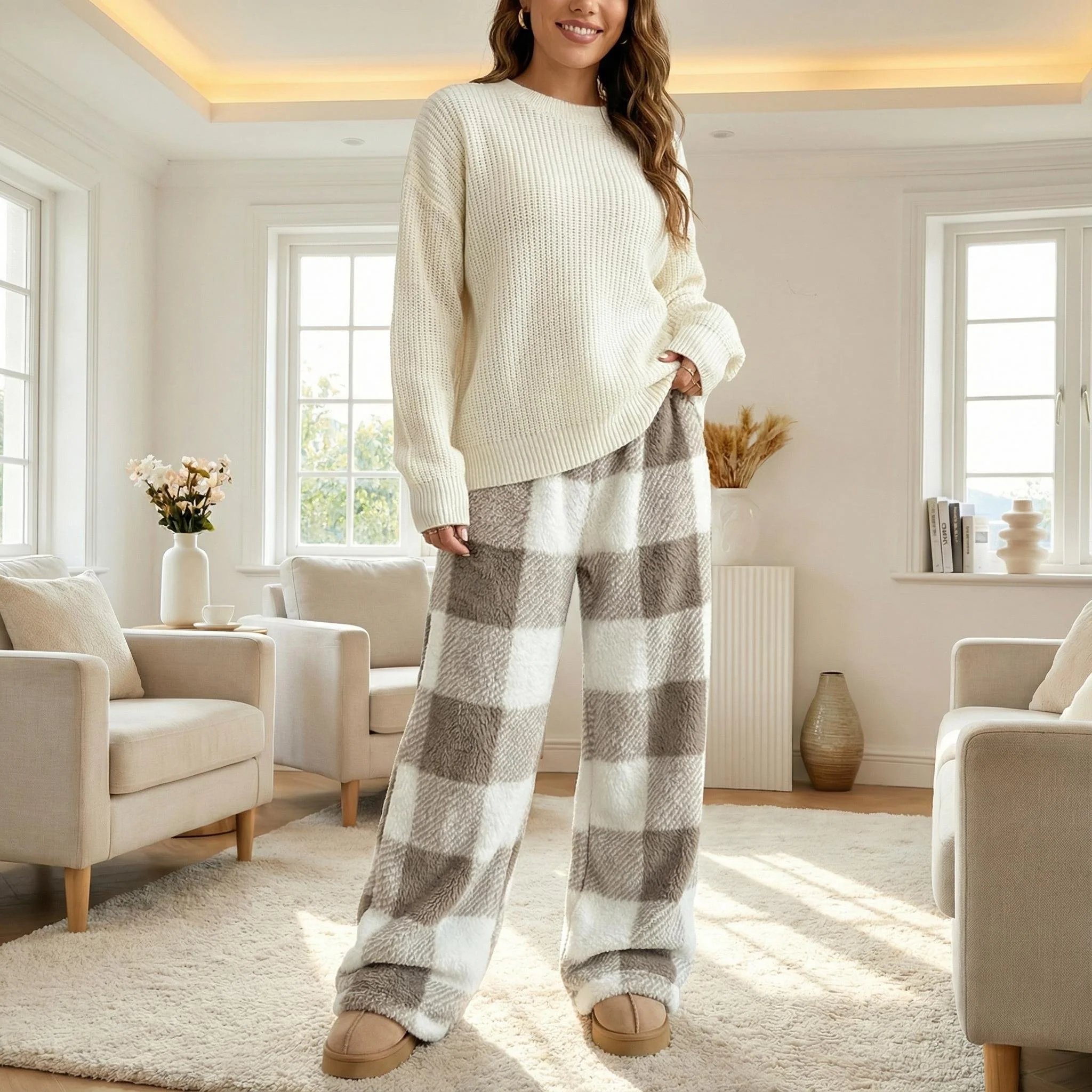 🎅LAST DAY SALE 50% OFF🔥Winter Vintage Plaid Elastic Straight Loose Thick Warm Casual Pants - Image 5