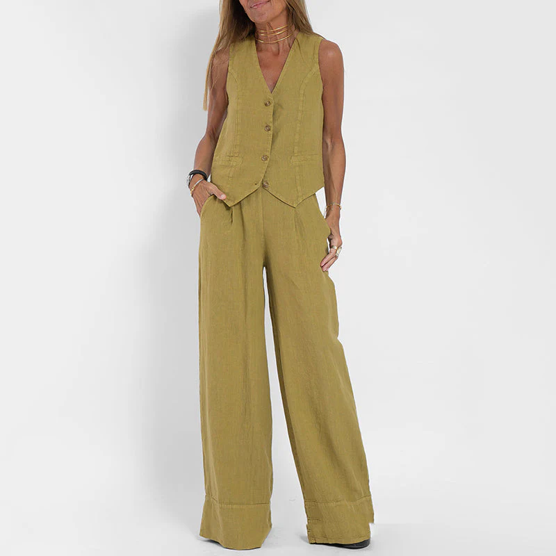 Women's Two-Piece Linen Vest and Wide-Leg Pants Set - Image 12