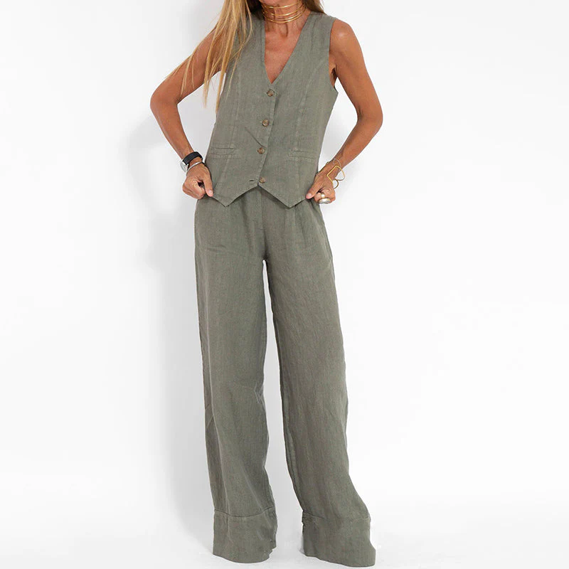 Women's Two-Piece Linen Vest and Wide-Leg Pants Set - Image 15