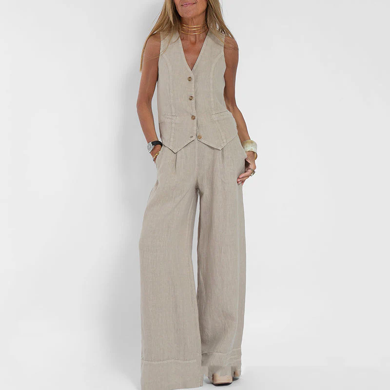 Women's Two-Piece Linen Vest and Wide-Leg Pants Set - Image 8